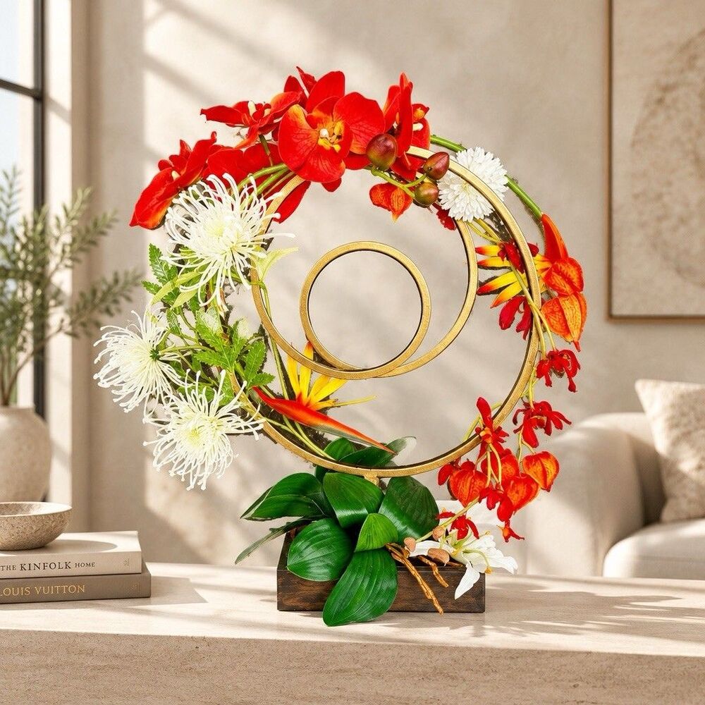 Orange Silk Floral Arrangement, Modern Centerpiece Asian Mums Zen Orchids, Lilly